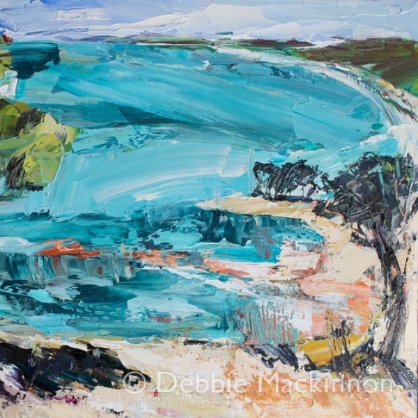 THIS IS THE PLACE oil painting of a tree by water on a beach by Sydney artist Debbie Mackinnon