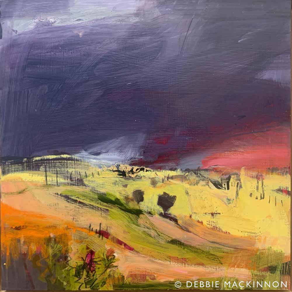 Abstract yellow fields with trees in the distance, stormy grey purple sky above