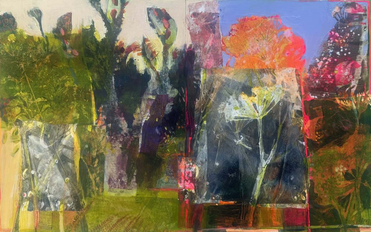 Abstract painting featuring overlapping shapes and textures in green, orange, and blue tones. Faint plant and flower forms are visible throughout, with a bright orange area in the top right against a blue sky.