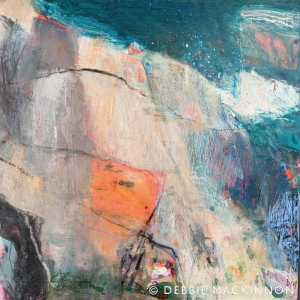 Abstract painting of bright pink and orange rocks, yellow sand with pink, blue and turquoise ocean in the background