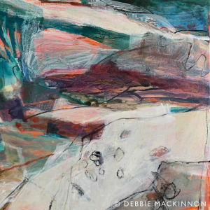 Abstract painting of bright pink and orange rocks, yellow sand with pink, blue and turquoise ocean in the background