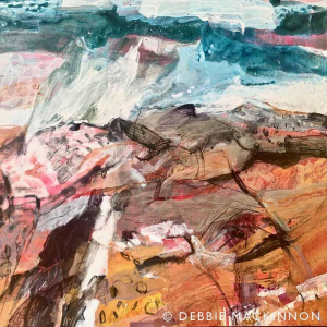 Abstract painting of bright pink and orange rocks, yellow sand with pink, blue and turquoise ocean in the background