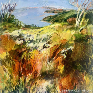 Abstract orange, yellow and green floral landscape with a blue ocean in the distance