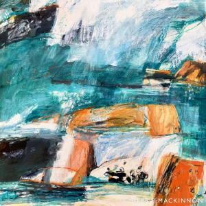 Abstract bright turquoise ocean with white waves and spray crashing over orange rocks