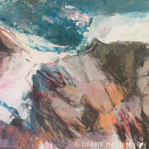 Abstract orange and grey white rocks with a blue ocean with waves and sea spray