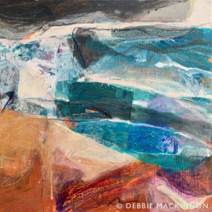 Abstract bright turquoise ocean with white waves and spray crashing over orange rocks
