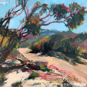Abstract green, pink and dark grey bent gum trees with colourful abstract landscape and bright blue clear sky above