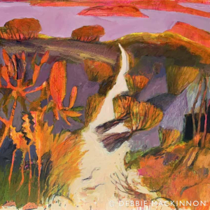 Abstract painting of bright orange trees and shrubs with trees and pink sky in the distance