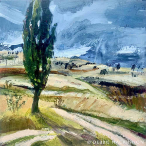 Abstract painting of straw yellow landscape with a single tall dark green tree in the foreground with bright blue sky above
