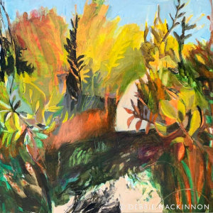 Close up abstract painting of yellow, green and orange shrubs and plants