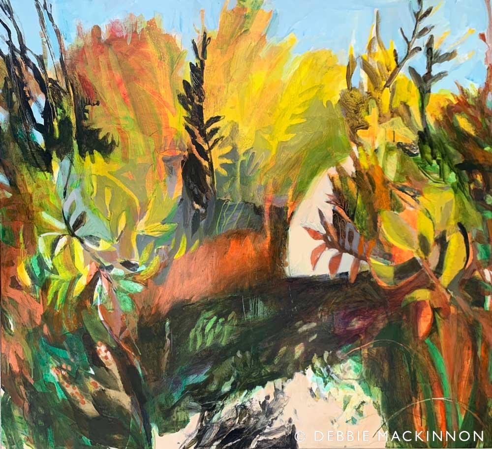 Close up abstract painting of yellow, green and orange shrubs and plants