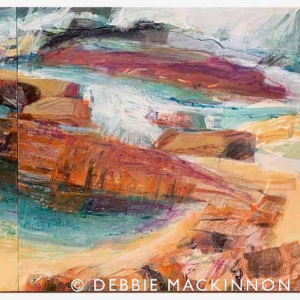 Abstract orange and grey white rocks with a blue ocean with waves and sea spray