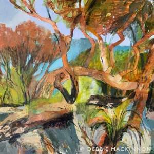 Orange twisted gum tree trunks with grasses and shrubs in green and a blue sky above