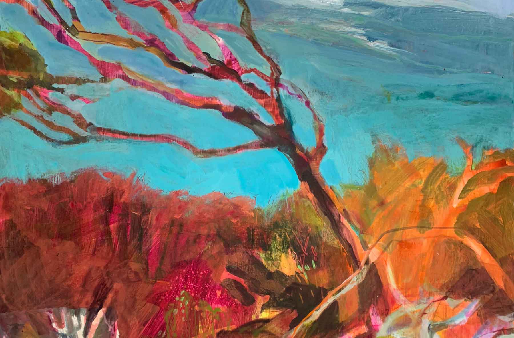 Oil painting of bare red trees against a bright blue ocean in Australia