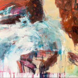 Abstract painting of bright pink and orange rocks, yellow sand with pink, blue and turquoise ocean in the background