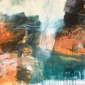 Abstract painting of orange yellow rocks and a teal blue ocean