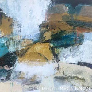 Abstract painting of mustard yellow rocks and teal blue ocean
