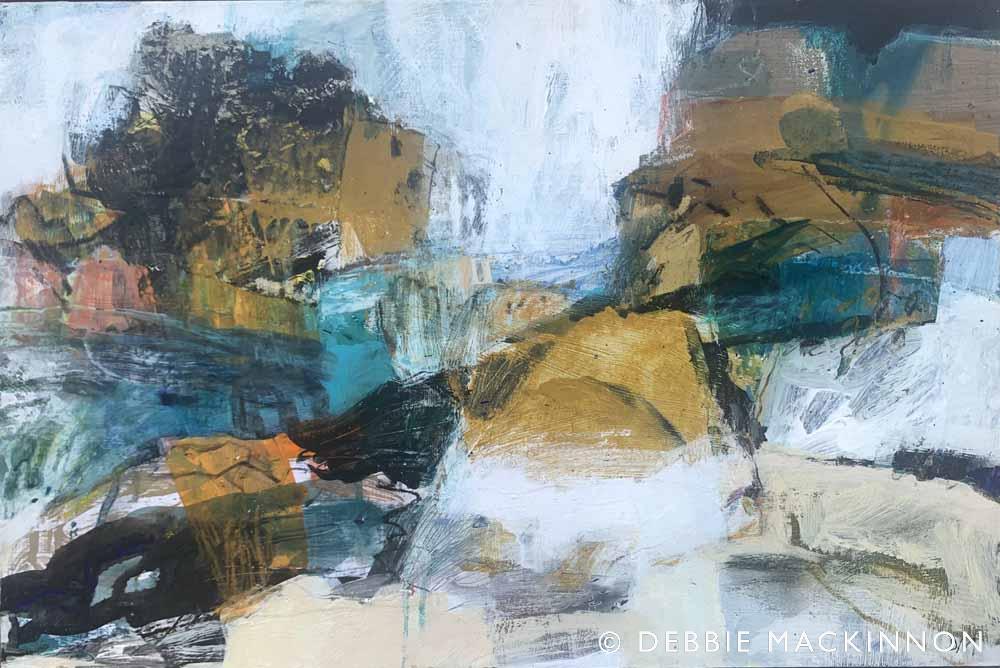 Abstract painting of mustard yellow rocks and teal blue ocean