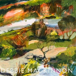 Two paintings joined together. They depict a rocky scene with green grasses and shrubs leading down to the light blue sea