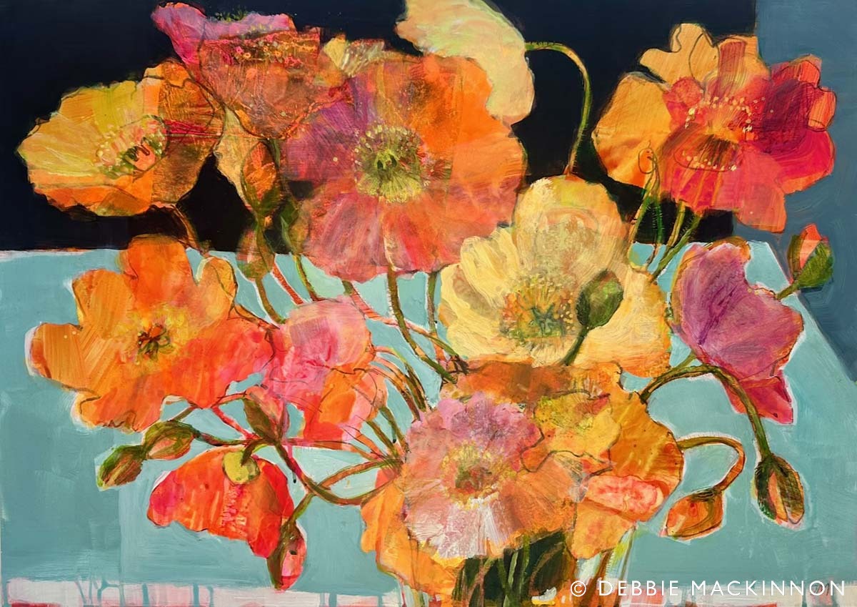 A colourful bouquet of abstract orange, yellow, and pink flowers with green stems in a vase, set against a teal and dark blue background. The artist's signature, DEBBIE MACKINNON, is visible in the lower right corner.