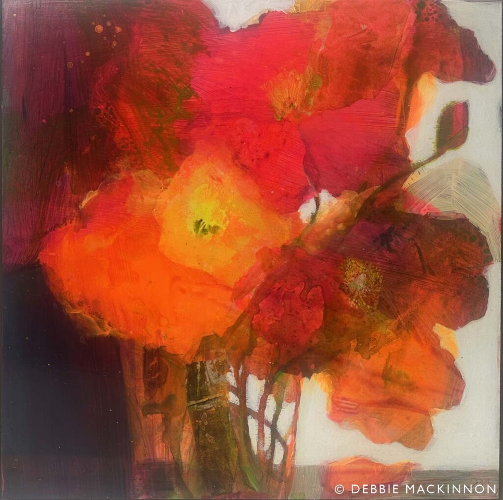 An abstract painting of a flower bouquet in a vase, featuring vivid red, orange, and yellow tones. The brushstrokes are bold and expressive, blending the colours and shapes with a soft, painterly effect.