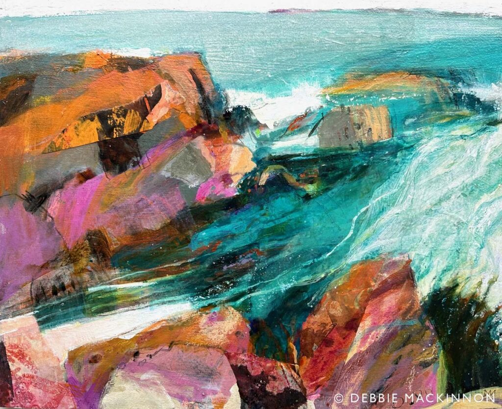 A colourful painting depicts rocky cliffs meeting the sea, with vivid orange, pink, and purple tones in the rocks and swirling blue-green water, suggesting movement and energy at the shoreline.