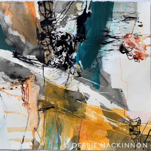 abstract painting of the sea in mustard yellow and teal blue