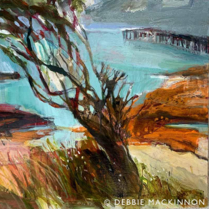 Painting of brown trees leaning over a turquoise sea with pink and orange rocks next to the sea.