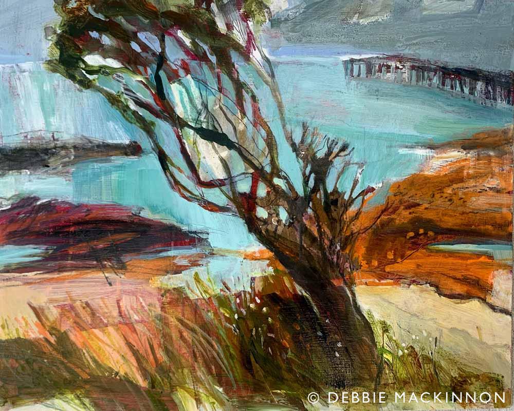 Painting of brown trees leaning over a turquoise sea with pink and orange rocks next to the sea.