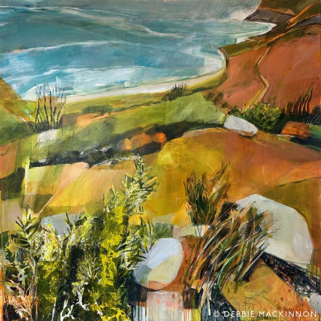 Abstract landscape painting showing a coastal scene with rolling hills, greenery, rocky areas, and the sea in the background under a partly cloudy sky. The image uses bold, earthy tones and expressive brushstrokes.