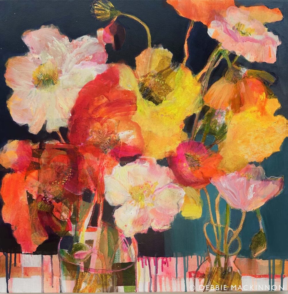 A painting of a bouquet with large, colourful flowers in shades of yellow, orange, white, and pink, arranged in a glass vase. The background is dark, and paint drips down the canvas near the bottom edge.