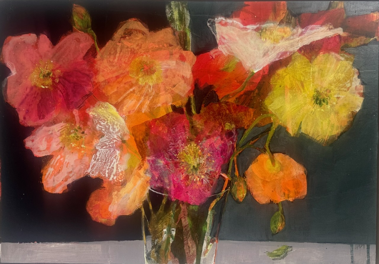 Understory by Australian artist Debbie Mackinnon. Expressive mixed media painting featuring vibrant red floral forms beneath layered foliage in rich, textured colour.