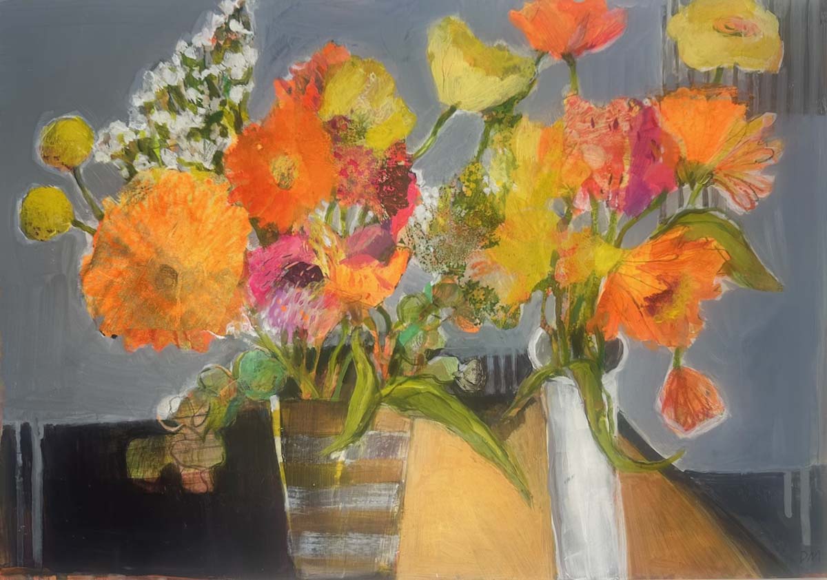 Understory by Australian artist Debbie Mackinnon. Expressive mixed media painting featuring vibrant red floral forms beneath layered foliage in rich, textured colour.