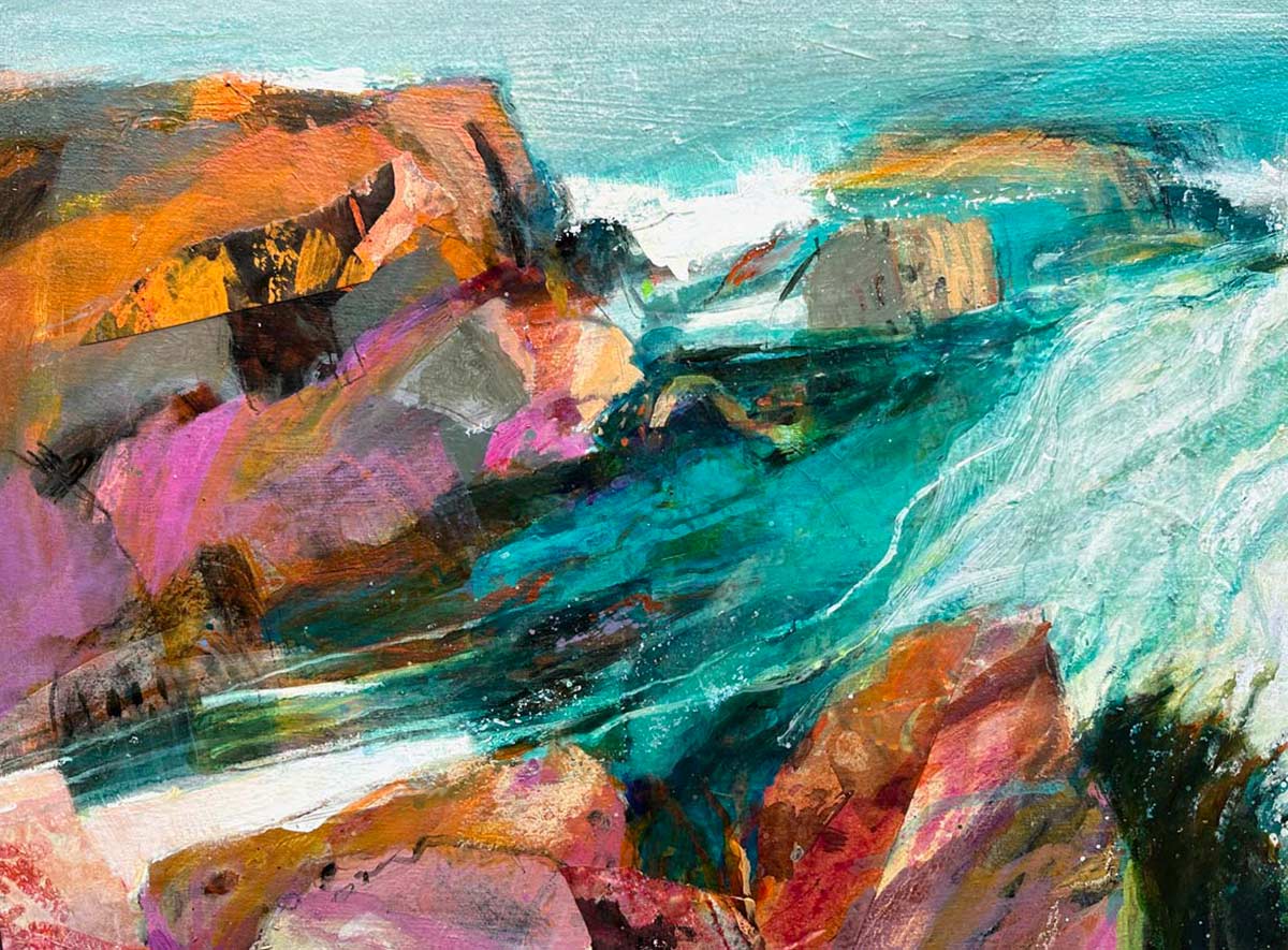 Abstract painting of a rocky coastline with crashing waves. The rocks are depicted in shades of orange, pink, and brown, whilst the water is shown in vibrant blue and green tones under a pale sky.