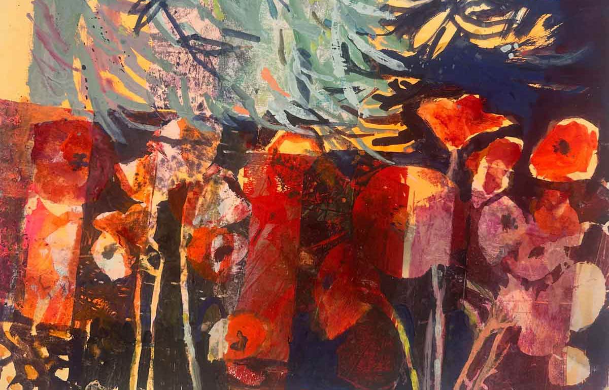 Abstract painting with vivid red, orange, and purple floral shapes in the foreground and swirling blue-green strokes above, suggesting foliage. The composition features layered, textured brushstrokes and areas of both light and shadow.